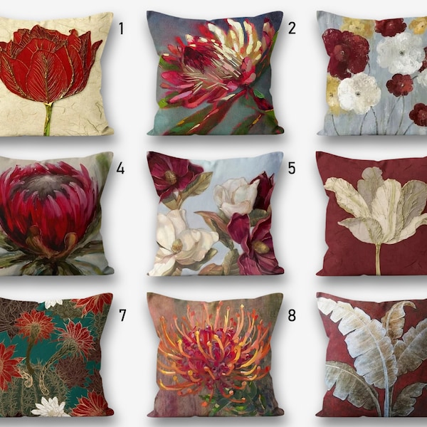 Floral Pillow Cover, Red Floral Pillow Cover, Burgundy Floral Cushion, Decorative Pillow Case, Flowers Digital Print Cushion Cover