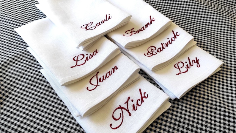 Add a touch of elegance to your table with these personalized linen napkins, beautifully embroidered with custom names. Perfect for weddings, special dinners, and formal gatherings, they bring charm and sophistication to any setting. Made from high-quality linen, they make a thoughtful wedding or housewarming gift. Choose your name and thread color for a unique, timeless look!