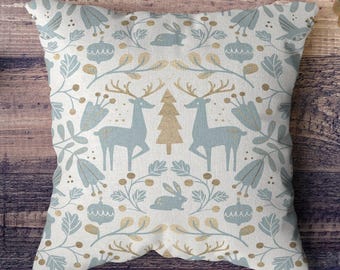 Vintage Scandinavian Winter Cushion Cover, Xmas Winter Animals Scandinavian Pillow Cover, Holly Deer Pillow, Christmas Scandinavian Pillow