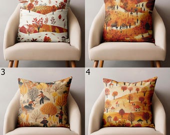 Decorative Fall Throw Pillow Cover, Autumn Landscape Pillowcase, Fall Rural Tree Pillow Case, Thanksgiving Cushion Cover, Fall Home Decor