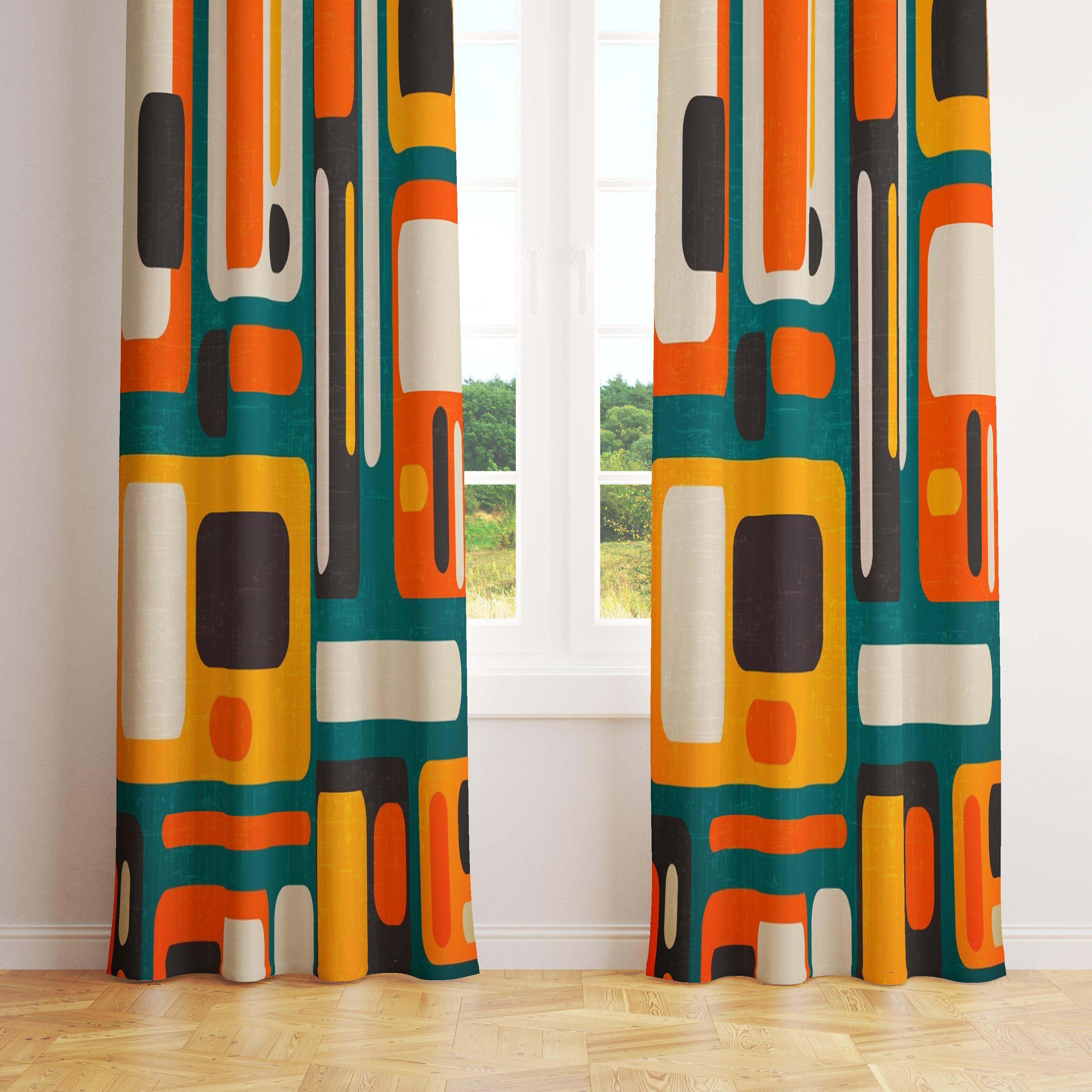 70年代風レトロプリントカーテン、レトロ幾何学模様カーテン、レトロ
