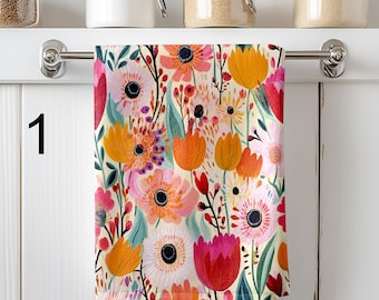 Floral Kitchen Towels, Modern Painting Floral Tea Towels, Colorful Floral Print Dish Towel, Floral Abstract Hand Towel, Flowers Hand Towels