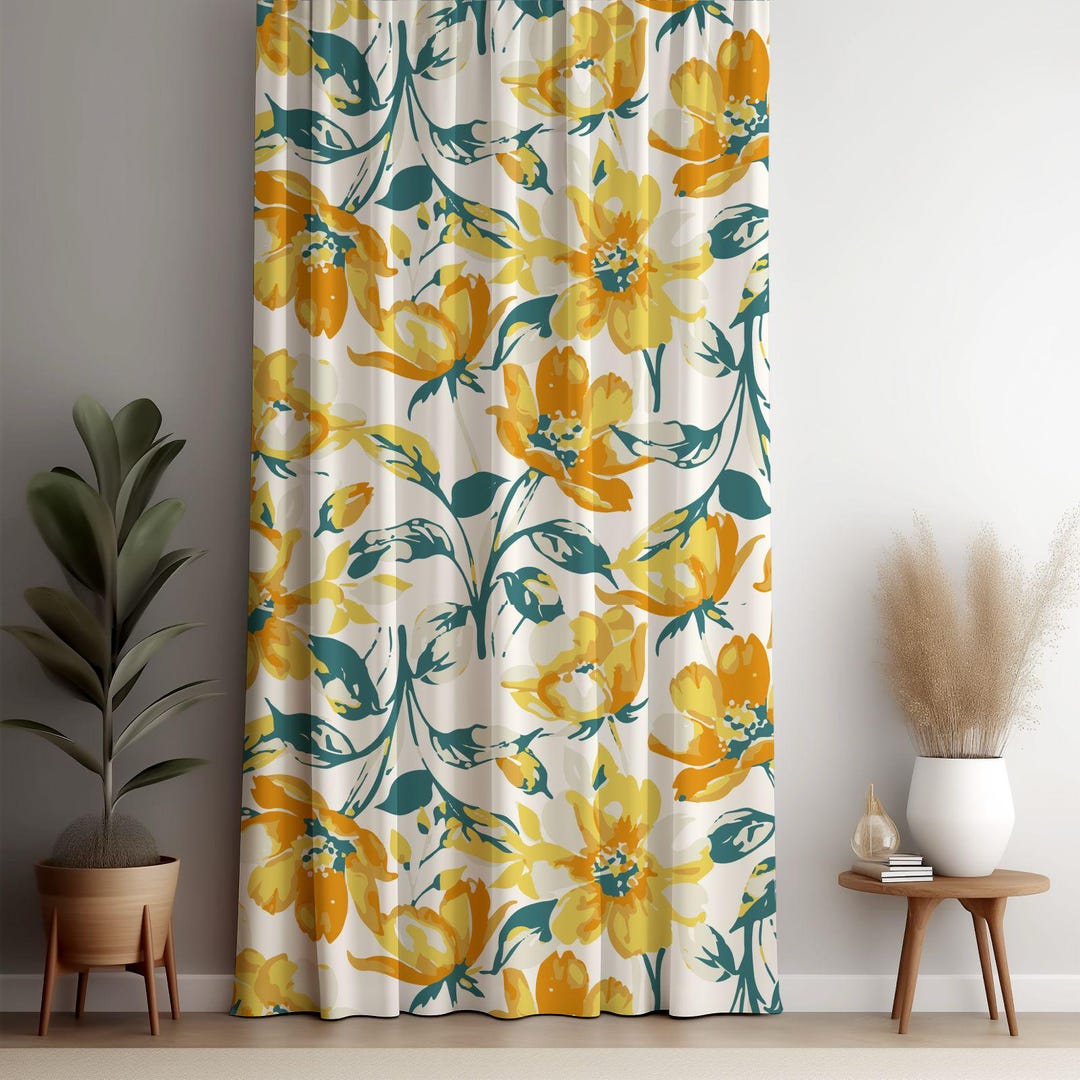 Floral Curtains, Yellow Floral Print Curtain Panel, Yellow Floral ...