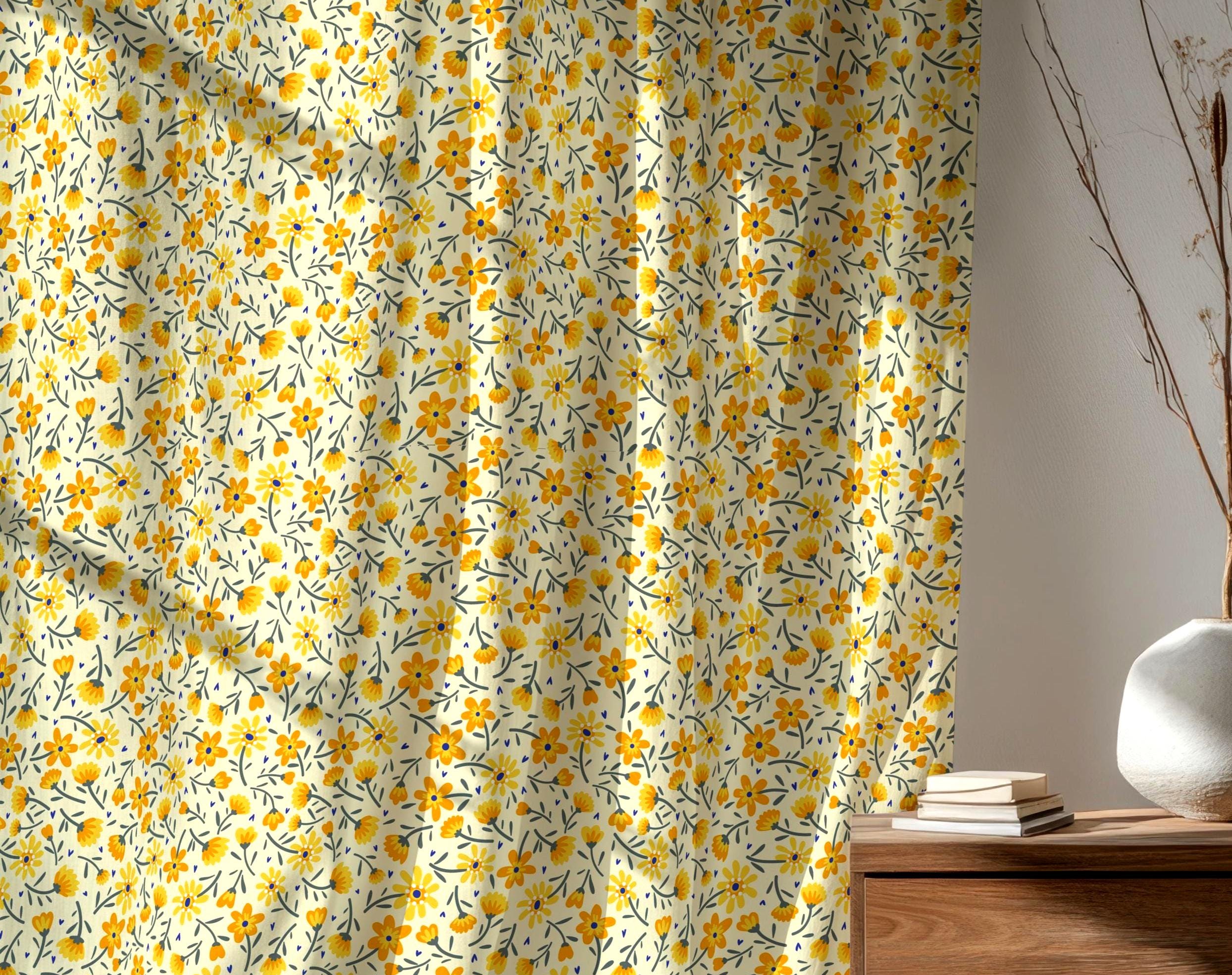 黄色の花柄カーテン、モダンヴィンテージ花柄カーテンパネル、レトロな