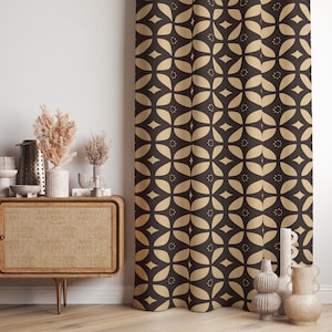 Boho Living Room Window Panel, Mid Century Modern Curtain, Retro Brown Beige Drapes, Vintage Inspired Curtain Panels, Geometric Beige Panels