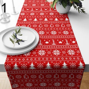 Christmas Table Runner, Red and White Holiday Table Decor, Festive Xmas Dining Runner, Winter Snowflake & Reindeer Table Decoration