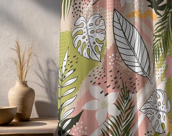 Tropical Leaf Curtains, Pink Green Botanical Drapes, Boho Window Panel