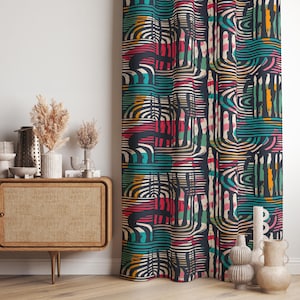 Modern Abstract Striped Curtain,Colorful Artistic Retro Window Panel, Retro Abstract Grommet Curtains, 70s Retro Blackout Curtain Panel