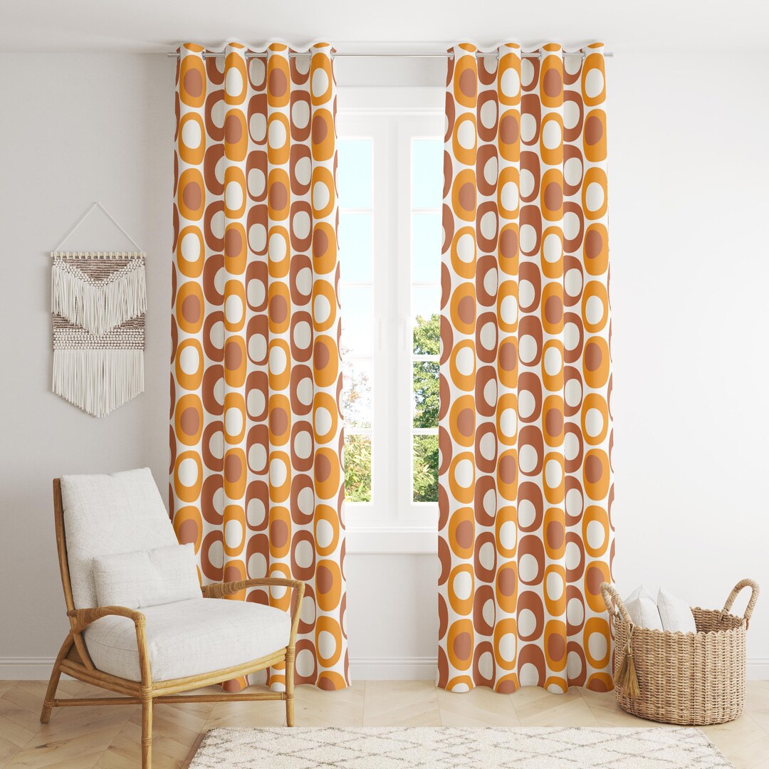 Tende Geometriche Spice Orange Retro Vector - 2 Pannelli 117x183 Cm, 100% Cotone, Occhielli, Design Anni '50-'60
