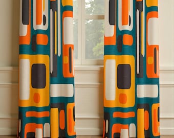 70年代風レトロプリントカーテン、レトロ幾何学模様カーテン、レトロ