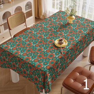 Retro Flower Table Cover, 60s 70s Boho Floral Kitchen Table Linens, Retro Floral Tablecloths, Mid Century Flower Print Table Cloths,