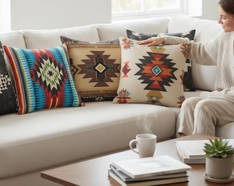 Tribal boho kussenslopen, zuidwestelijke geometrische kussenhoes, sierkussen Azteekse stijl, kussensloop rustiek decor, tapijtontwerp kussenhoes