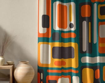 May include: A colorful curtain with a retro geometric pattern. The design features teal, orange, yellow, black, and white rectangular shapes. The curtain is made of a thick fabric and is likely used for home decor.