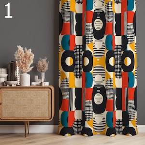 Cortinas retro, paneles estilo mediados de siglo, cortinas de los años 70, 80 y 90, cortinas bohemias, cortinas con estampados modernos y coloridos.
