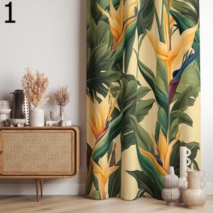 Exotic Leaves and Flowers Curtain, Tropical Leaves Print Curtain, Bird of Paradise Flowers Curtain Panels, Botanical Plants Printed Curtain