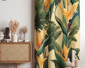 Exotic Leaves and Flowers Curtain, Tropical Leaves Print Curtain, Bird of Paradise Flowers Curtain Panels, Botanical Plants Printed Curtain