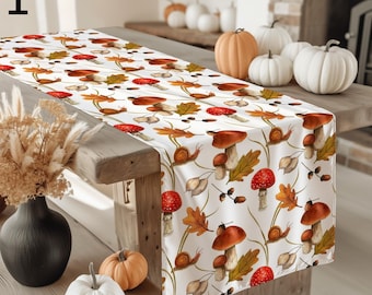Autumn Mushroom Pattern Table Runner, Thanksgiving Harvest Decor