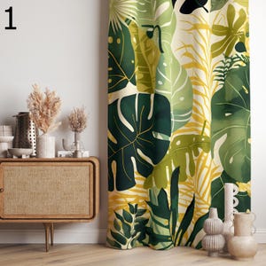 Botanical Green Leaf Window Curtains, Green Leaves Curtains, Tropical Printed Curtain, Tropical Leaf Curtain Panel, Exotic Barkcloth Curtain