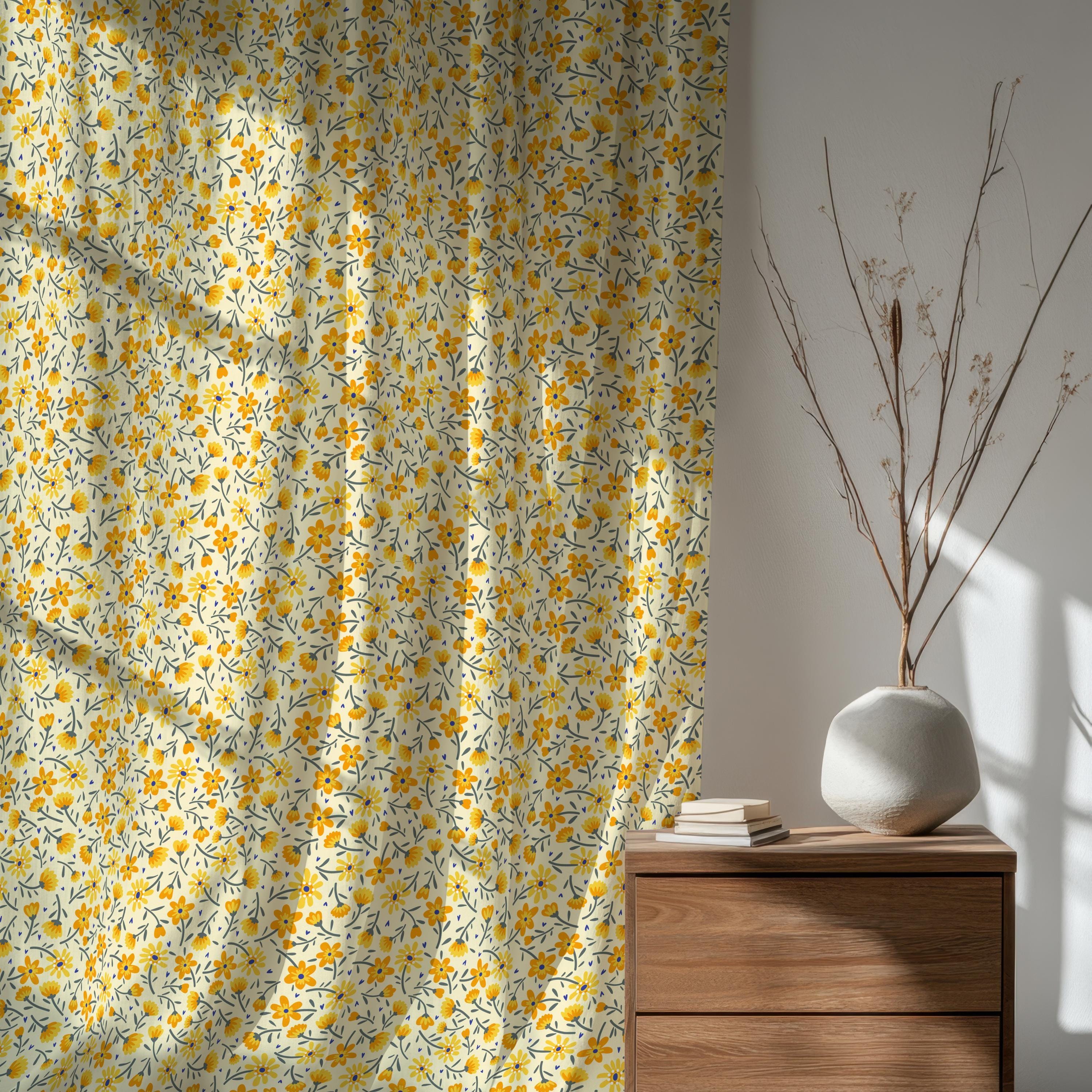 Yellow Floral Curtains, Modern Vintage Floral Curtain Panels, Retro