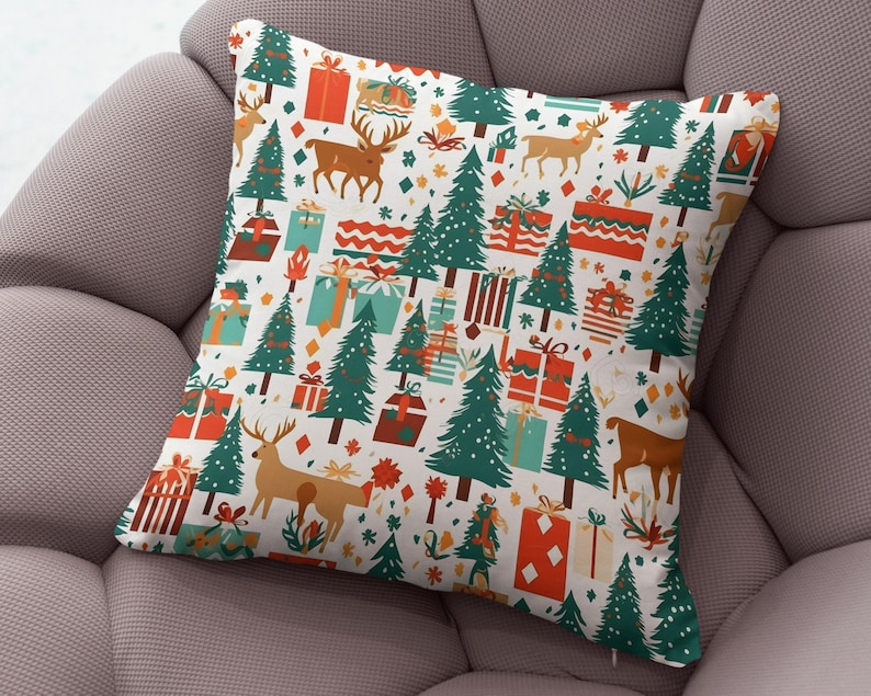 Vintage Christmas Pillow Covers, Christmas Pine Tree Cushion Cover, Modern Vintage Xmas Pillow Cover, Holly Pine Tree Pillow Cover 1