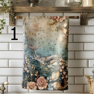 Dolphin Whale Tea Towels, Coastal Animals Kitchen Decor, Vintage Ocean Hand Towels, Beach House Kitchen Towels, Floral Sea Life Towels