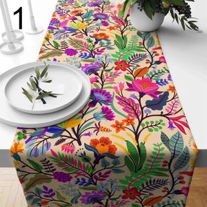 Camino de mesa Otomí, decoración de mesa de arte popular floral mexicano, camino de mesa colorido bordado inspirado, caminos de mesa estilo boho fiesta.