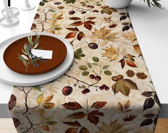 Chemin de table floral d'automne, feuilles d'automne, citrouilles, décoration de table pour Thanksgiving