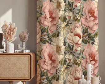 Vintage Floral Curtains, Farmhouse Flowers Curtain Panels, Pink Rose Printed Drapes, 70s Floral Curtains