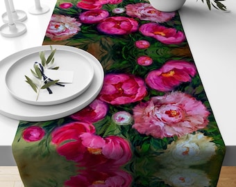 Chemin de table floral, chemin de table imprimé fleurs, décoration de table florale rose, chemin de table violet, chemin de table imprimé, chemin de table roses