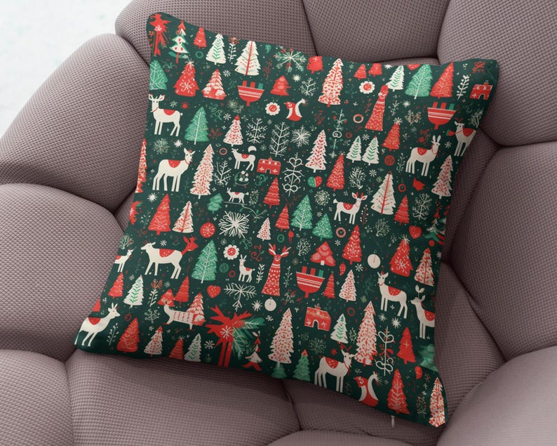 Vintage Christmas Pillow Covers, Christmas Pine Tree Cushion Cover, Modern Vintage Xmas Pillow Cover, Holly Pine Tree Pillow Cover 4