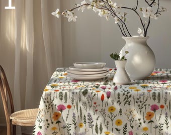 Wildflower Tablecloth, Spring Floral Print Table Cover, Farmhouse Tablecloths, Wildflower Table Decor