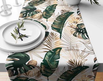 Chemin de table feuille tropicale, chemin de table feuilles exotiques, chemin de table feuille de palmier, nappe tropicale, décoration de table à imprimé feuilles exotiques