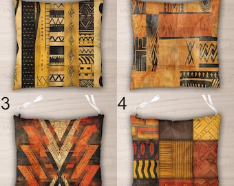 Juego de cojines para sillas tribales color mostaza terracota, cojín africano para silla con lazos