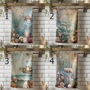 Sea Life Tea Towels, Coastal Turtle Dolphin Kitchen Decor, Vintage Coastal Kitchen Towels, Nautical Ocean Sea Hand Towels