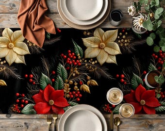 Luxury Christmas Table Runners, Black Gold Poinsettia Runner, Elegant Holiday Table Decor