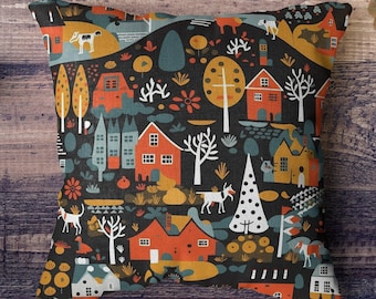 Housse de coussin style village d'hiver scandinave, décoration de Noël pour la maison