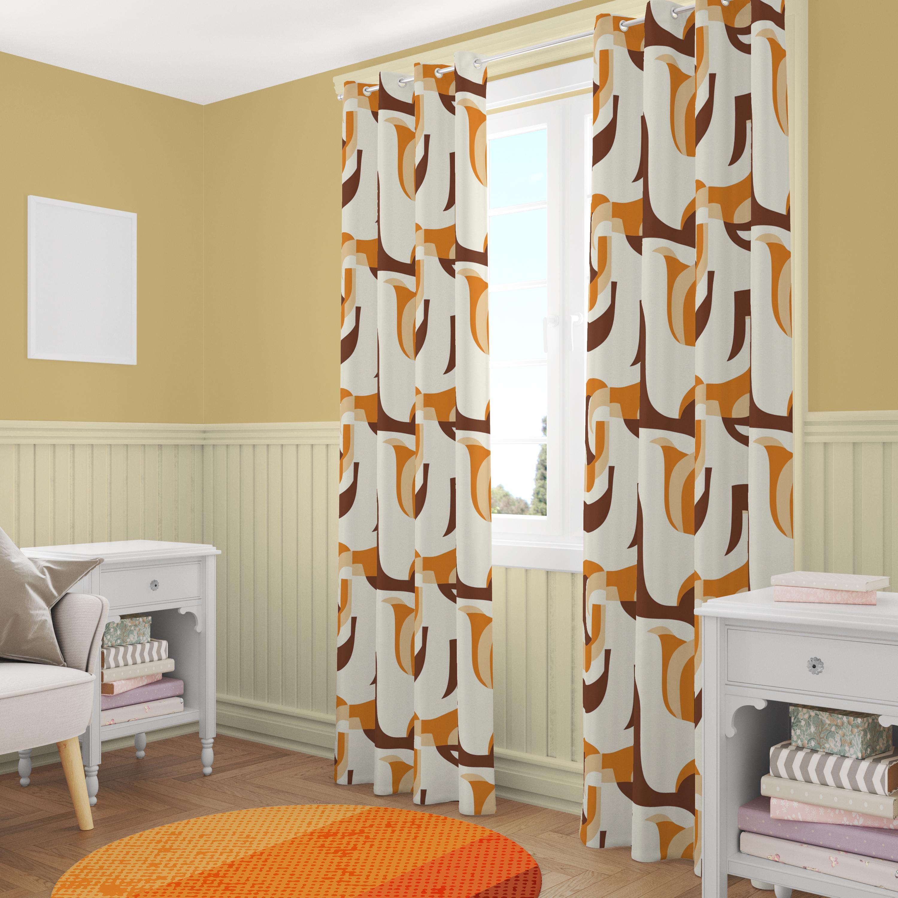 70年代の幾何学模様のカーテンパネル、オレンジのミッドセンチュリー