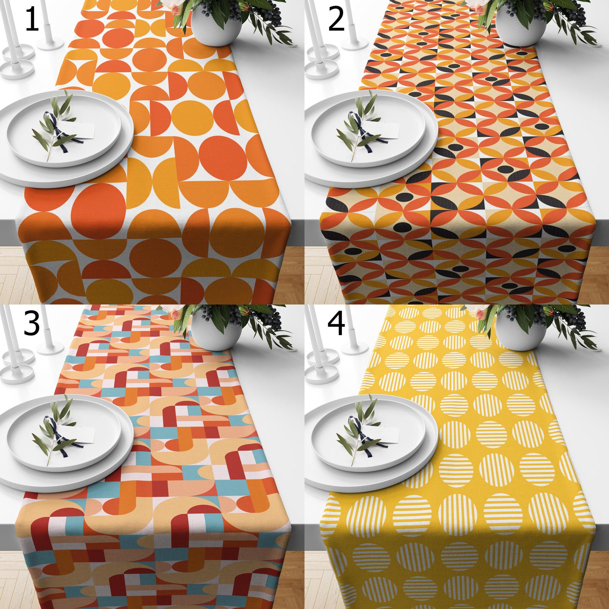 Nappe + 6 Serviettes Vintage Années 70 – Orange à Fleurs Pop Design, Coton 170x128 Cm