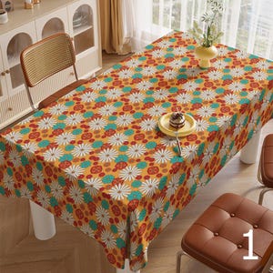 Retro Floral Tablecloths, Retro Flower Table Cover, 60s 70s Boho Floral Kitchen Table Linens,  Mid Century Flower Print Table Cloths
