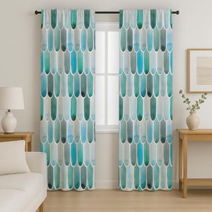 Modern Watercolor Mermaid Scale Curtains, Aqua Teal Tones Coastal Style Drapes for Living Room & Bedroom