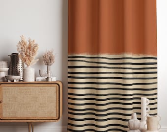 Terracotta Striped Curtain Panel, Modern Rustic Boho Window Drapes, Earth Tone Farmhouse Decor Curtain, Mid Century Modern Panel