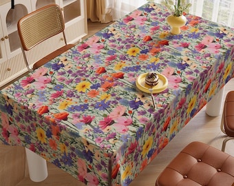 Floral Tablecloth, Colorful Flower Print Dining Table Cover, Spring Summer Kitchen Decor