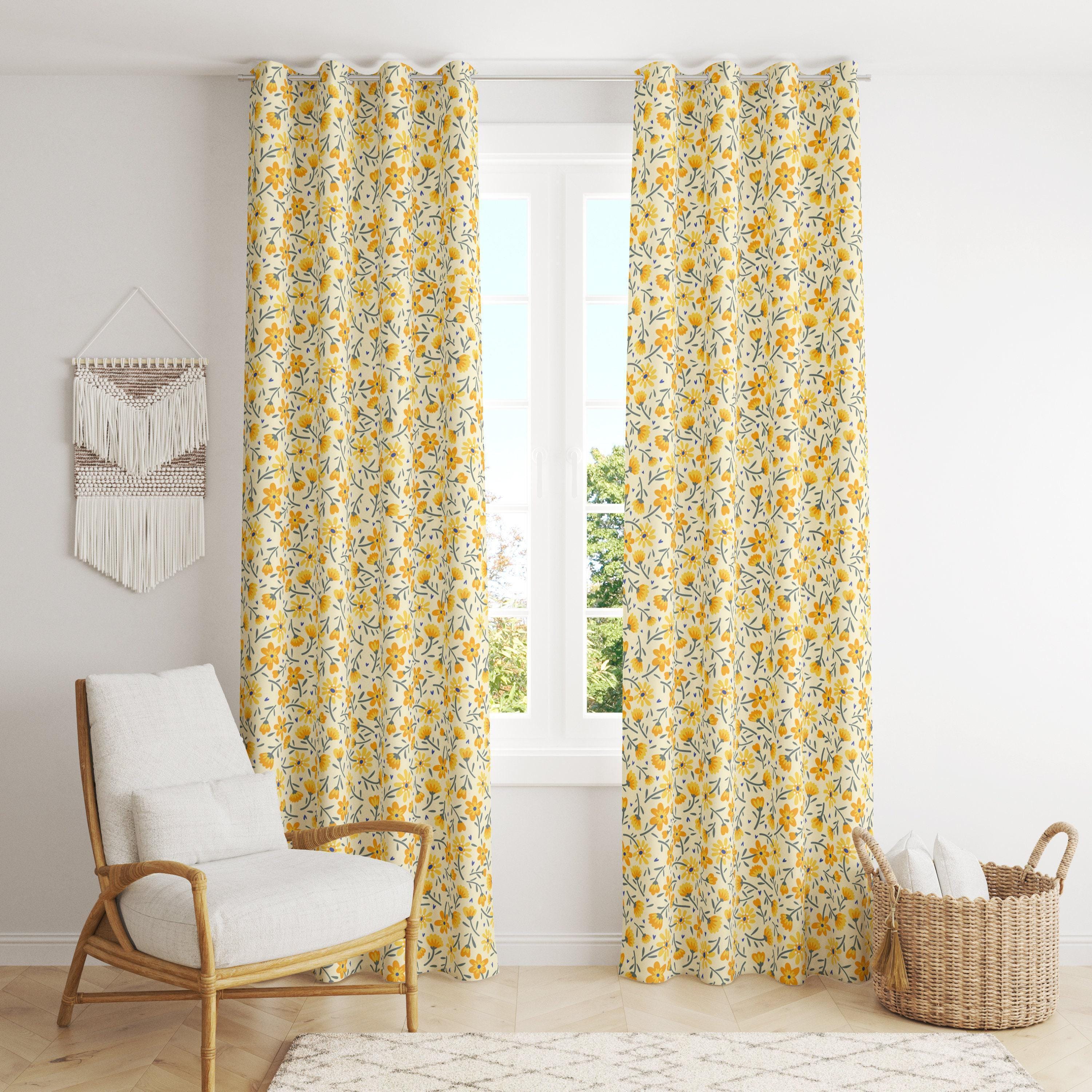 Yellow Floral Curtains, Modern Vintage Floral Curtain Panels, Retro