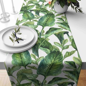 Tropical Green Leaves Table Runners, Exotic Flowers Table Runner, Botanic Leaf Coffee Table Runners, Botanical Leaves Print Table Runner