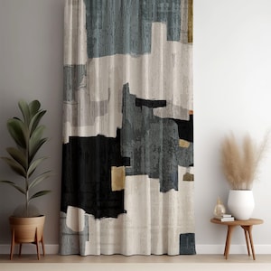 Abstract Geometric Curtain Panel, Modern Window Drapes, Beige Black Grey Drapes