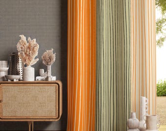 Retro Curtain Panels, Orange Green Stripes Drapes (70s Style, Mid Century)
