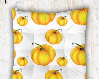 Fall Pumpkin Chair Cushion with Ties, Autumn Harvest Print Seat Pads