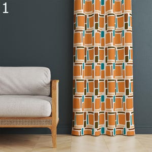 Cortinas modernas de mediados de siglo, cortinas de los años 70, cortinas retro naranjas, cortinas retro geométricas abstractas, cortinas con estampado moderno, cortinas retro de los años 80