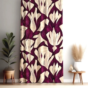 Floral Curtains, Purple Floral Print Curtain Panel, Deep Purple Floral Drapes, Purple and Cream Curtain Panels, Modern Floral Window Panel