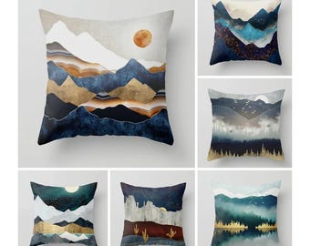 Housses de coussin paysage, oreillers abstraits, taie d'oreiller montagne, taie d'oreiller lune et lac, décoration d'intérieur, taie d'oreiller art moderne
